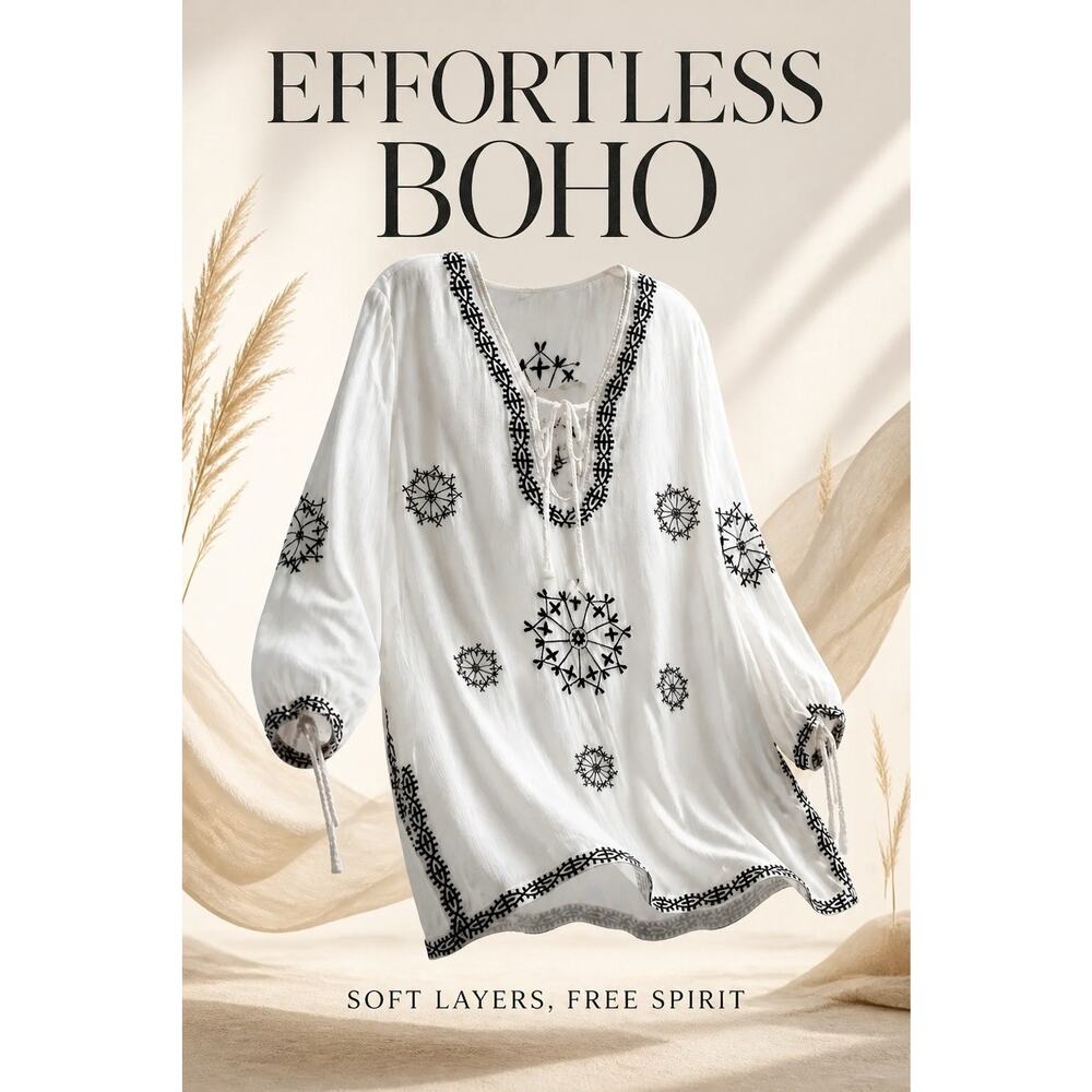 Lucky & Coco Embroidered Boho Peasant Tunic Cover Up Long Sleeve Womens Size L